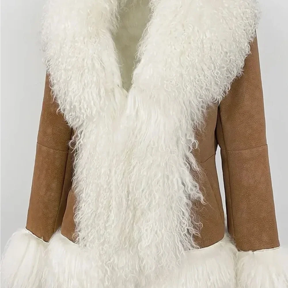 Luxurious Brown & Off White Mongolian Fur Penny Lane Retro 70s Jacket Coat - Picture 5 of 10